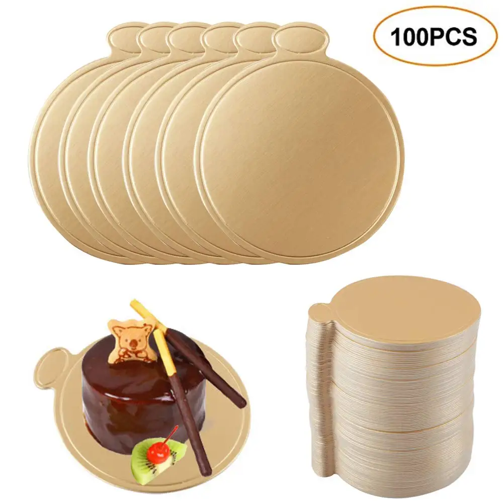 100pcs/pack Cake Cardboard Mini Cake Boards Cupcake Dessert Tray Multi Shape Paper Golden Base Cake Pastry Decorative Kit Party