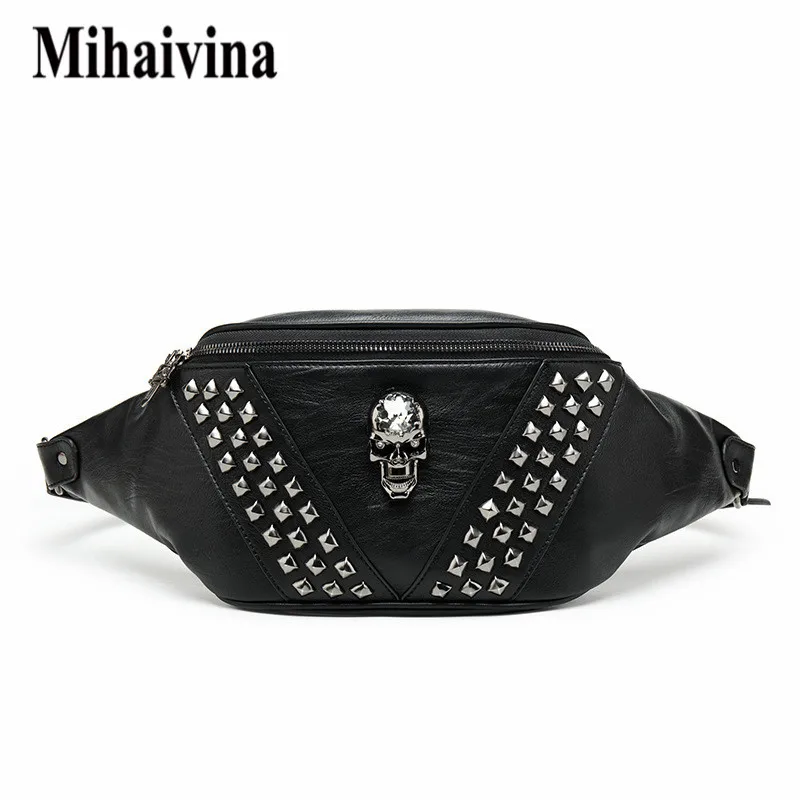 Mihaivina Punk Rivet Skull Men Waist Bag Women Black Fanny Pack Leather Chest Bags Female Shoulder Messenger Bag Bum Bags