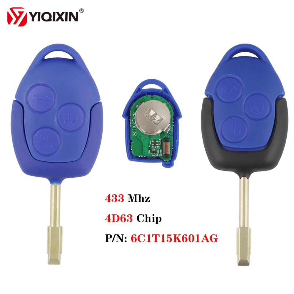 

YIQIXIN 433MHz 4D63 Chip Replacement Remote Key Blue For Ford Transit WM VM 2006-2014 Connect Set 6C1T15K601AG 3 Button New Key