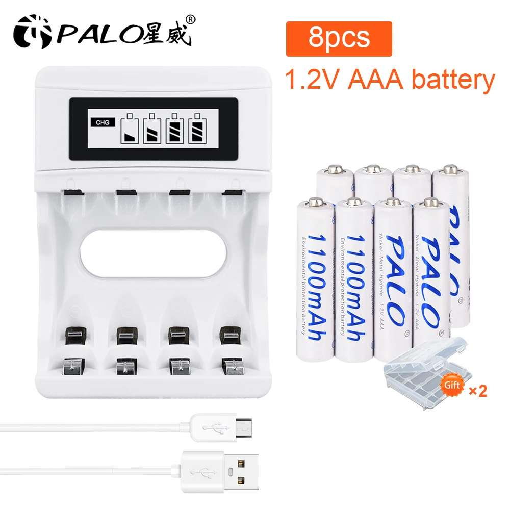 PALO smart-cargador de batería para pilas AA/AAA, 4 ranuras, pantalla LCD, 8 pilas recargables AAA de 1100mah, nimh