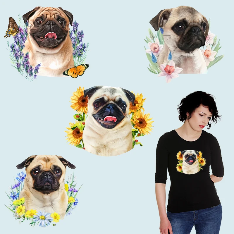 

Pug Dog Flowers Patterns Thermal transfer printing Patches for Clothing DIY T-shirt Iron on patches Ironing stickers