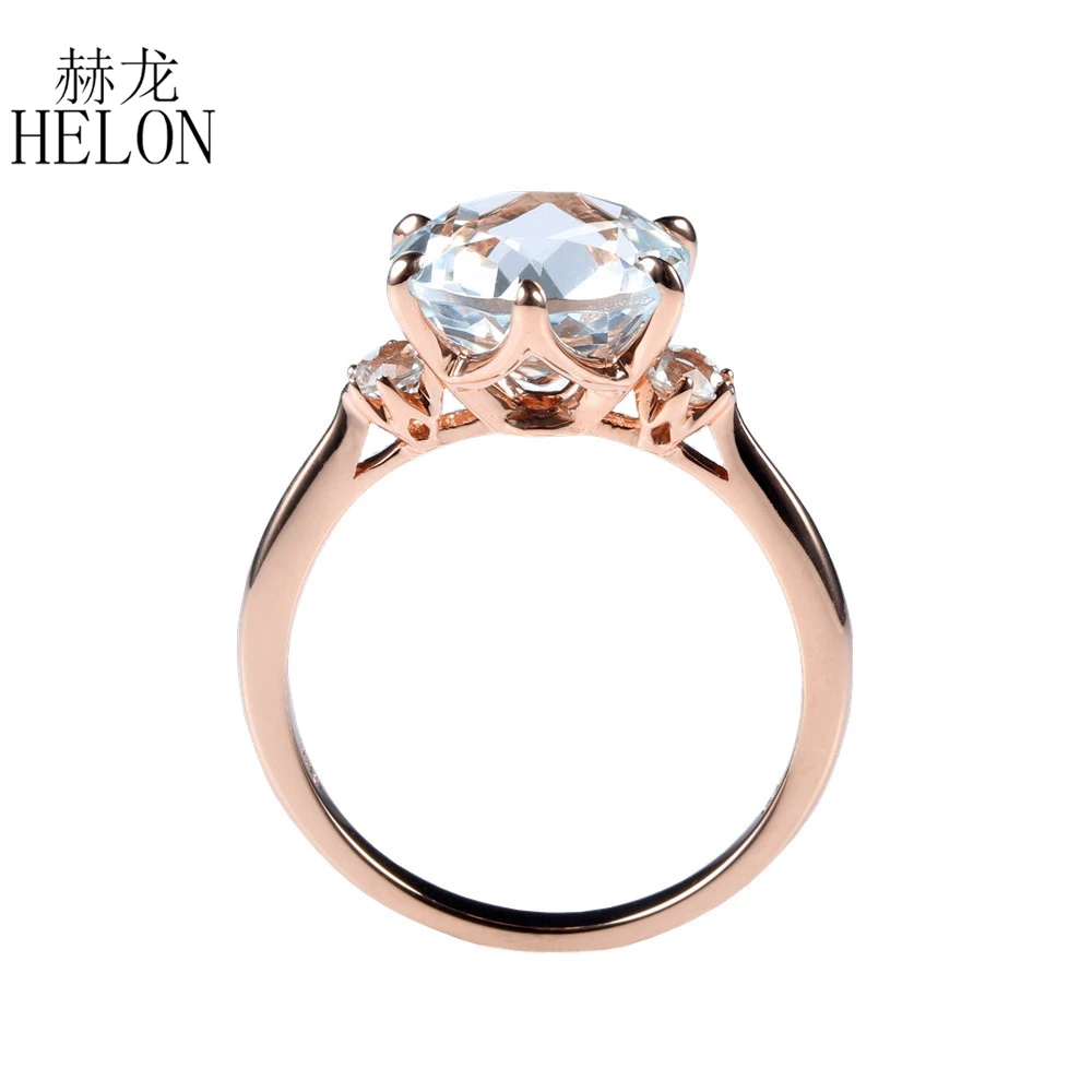 HELON Special Solid 14k Rose Gold AU585 Flawless Round 10mm Natural white topaz Women Fine Jewelry Engagement Wedding Ring