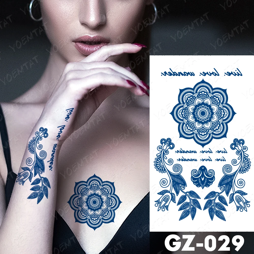 Juice Lasting Waterproof Temporary Tattoo Stickers Mandala Butterfly Lotus Totem Flash Tattoos Blue Ink Body Art Fake Tatto Male