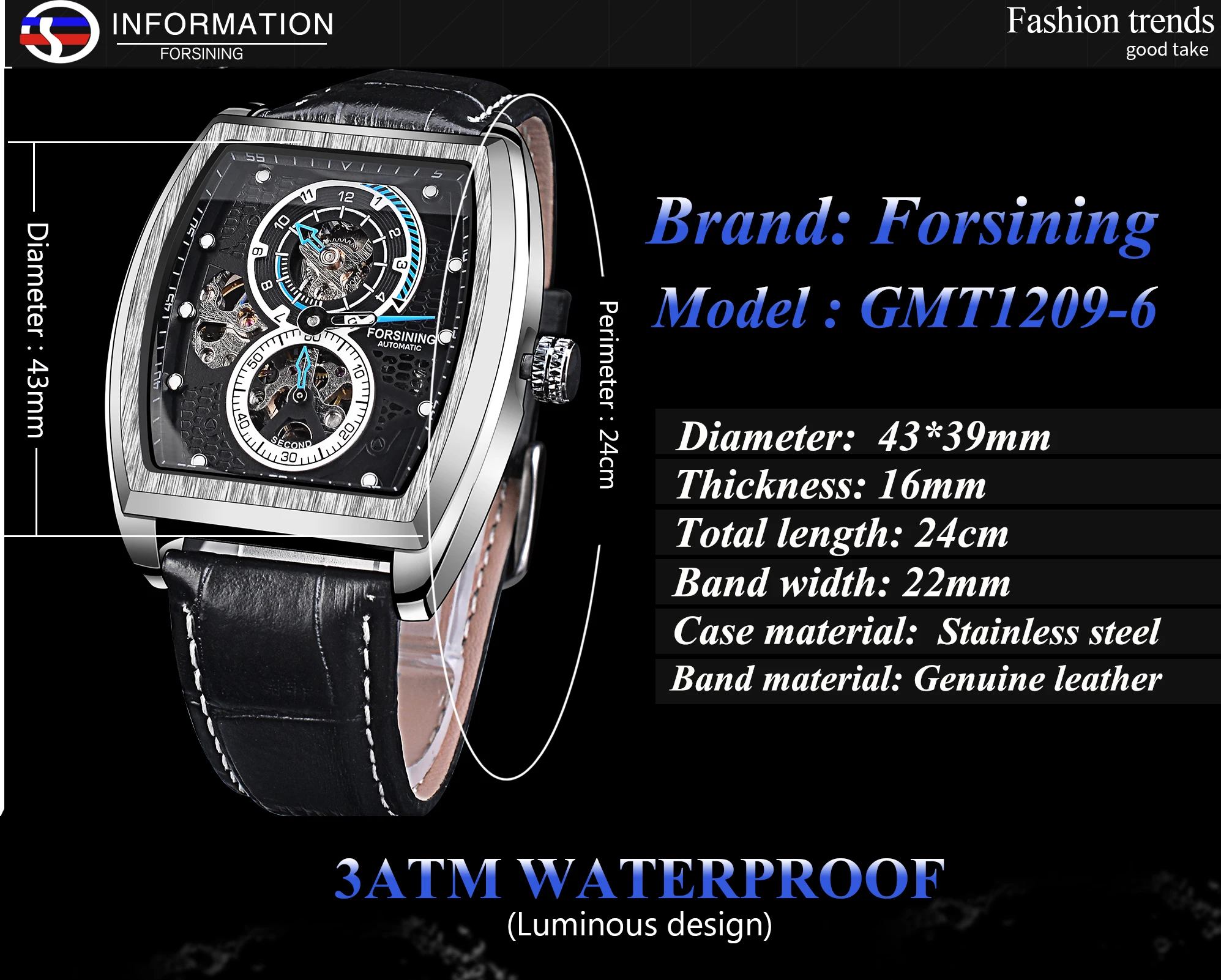 Forsining orologi da polso meccanici automatici da uomo 3bar quadrante nero orologi analogici per uomo nuovo orologio militare cavo doppio quadrante
