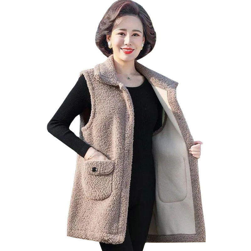 5XLWomen Lambswool Waistcoat Mid-Length Coat Spring Autumn New Vest Grain Velvet Vest Mom Solid Vintage Female Waistcoat Top New