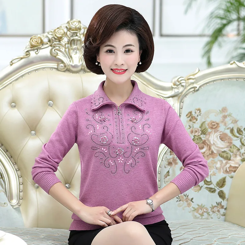 Middle-aged Women's Sweater Spring Autumn Long-sleeved Lapel Zipper Pullover Tops  4XL Lady Casual Knit Sweater W1714