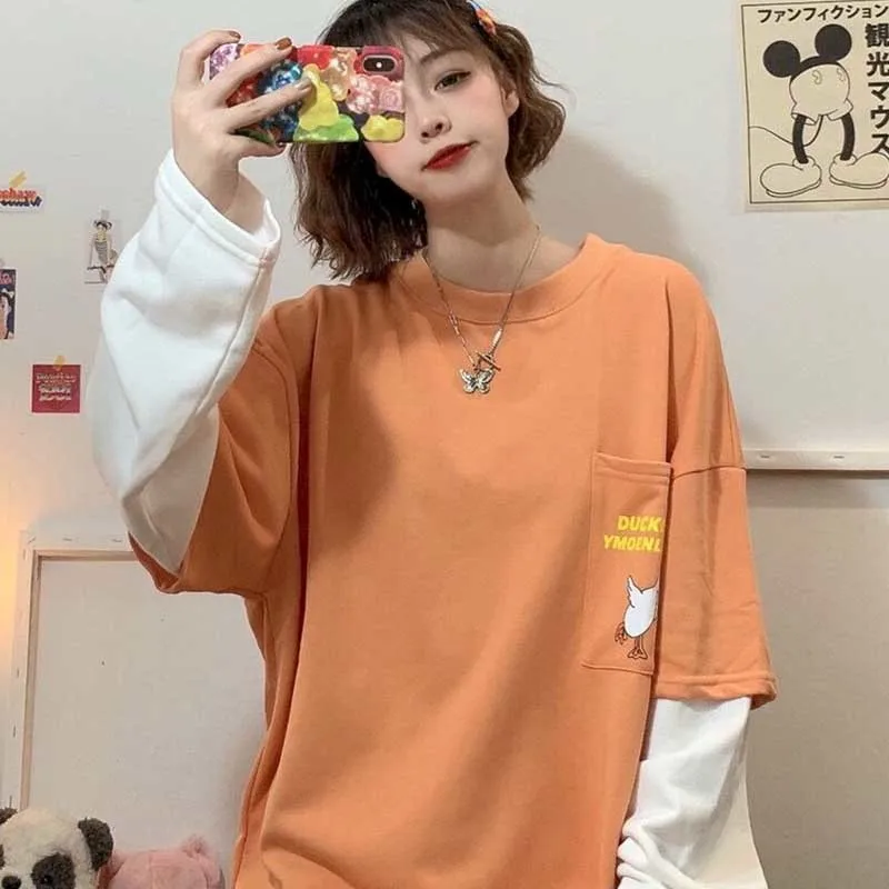 

Fake two-piece long-sleeved hoodies spring and autumn women's students new coat fashion ins T-shirt Korean style loose we