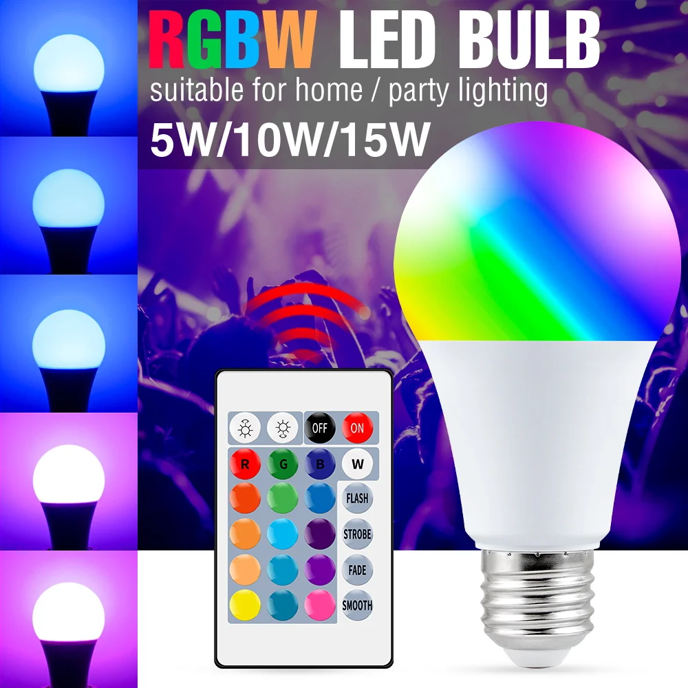 RGB Bulb LED Light E27 Change Color Lamp 5W 10W 15W Remote Colorful Holiday Party Lights RGBW Bombillas 220V Smart Light Bulbs