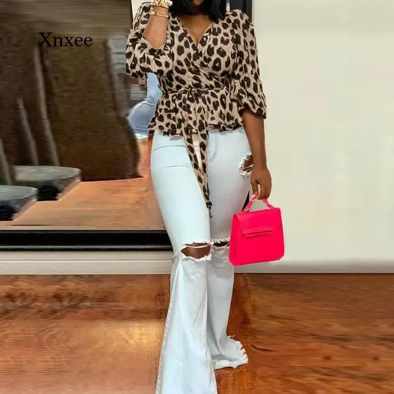5Xl Women Leopard Print Blouses Belted Elegant Cross V Neck Ruffles Tops Fashion Office Tunic Shirt Sexy Casual Tee