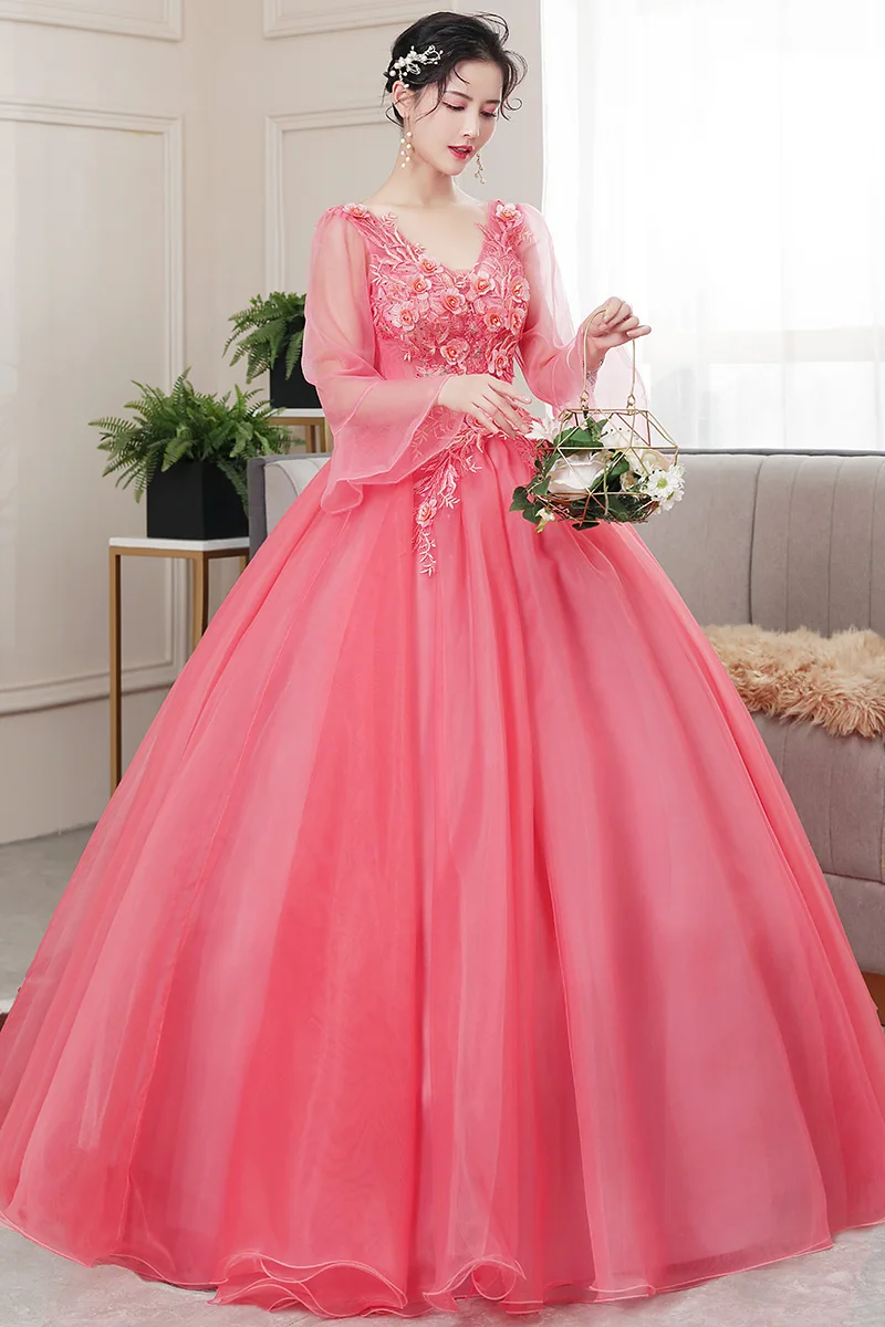 Quinceanera Dresses 2022 Vestidos The Party Prom V-neck Long Sleeve Ball Gown Luxury Lace Appliques Quinceanera Dress Host Dress