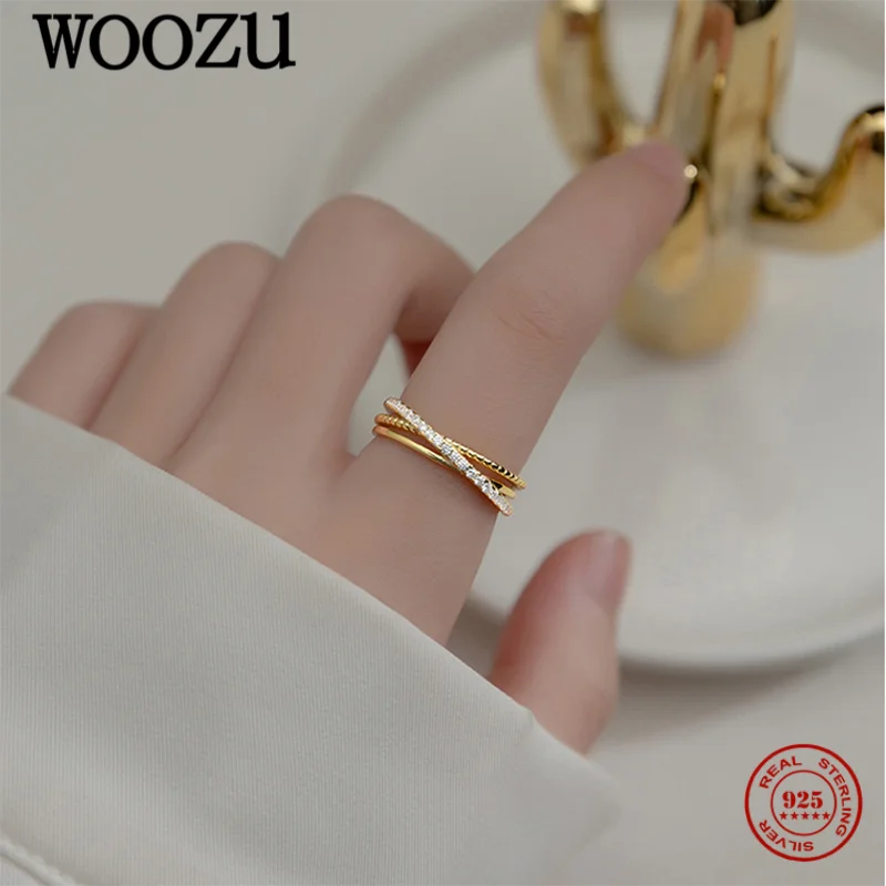 WOOZU Minimalist Letter X Luxury Zircon Open Finger Rings 925 Sterling Silver For Women French Elegant Trendy Rock Party Jewelry