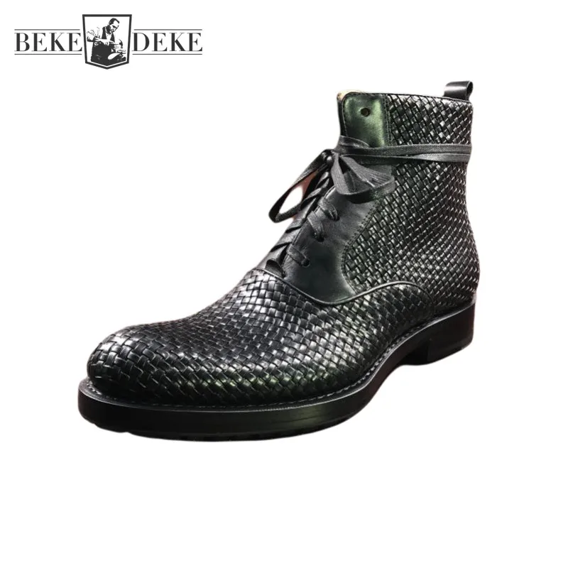 Handmade Weave Cowhide Cowboy Boots Men Vintage Genuine Leather Pointed Toe Motorcycle Bikers Boots Mens Shoes Large Size 37-45