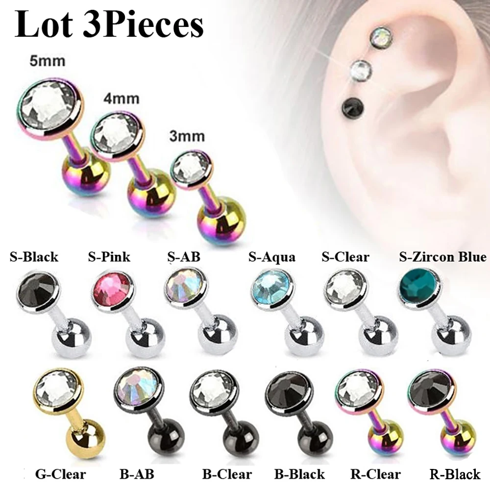 3Pcs/Set Surgical Steel Earring For Women Tragus Cartilage Piercing Barbells Gold Plated CZ Gem Ear Studs Jewelry Mixed Sizes