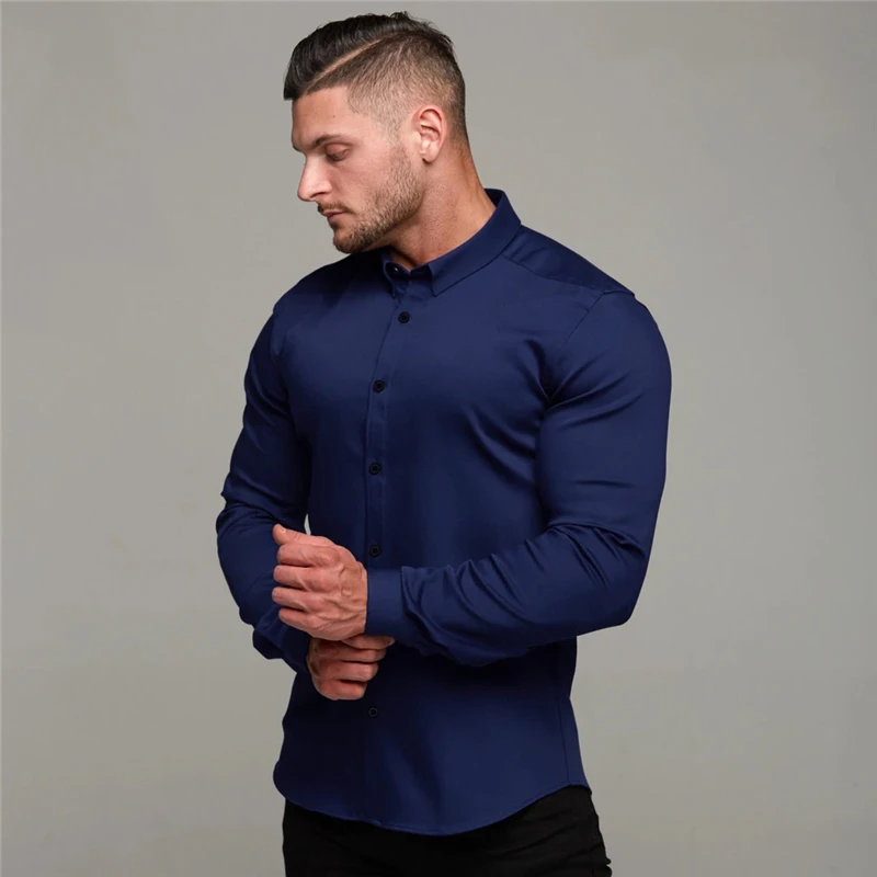 New Spring Autumn Mens Full Sleeve Shirt Solid Fitness Men Turndown Collar Super Slim Fit Business Dress Shirt Button Gym Tops