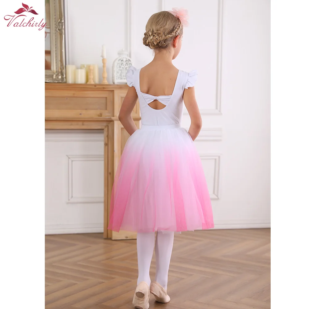 New Girls White Ballet Leotard with Long Gradient Pink Tulle for Performance Dance Costume