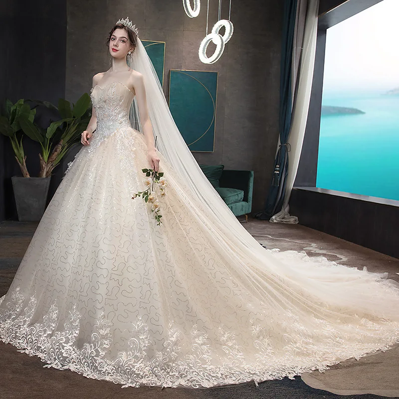 Vestido de casamento clássico sem alças com trem, vestido de baile com renda, luxo, bordado, grifo, 2021