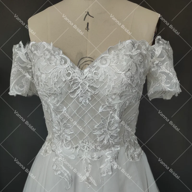 Fotos reais ilusão fora do ombro chique praia vestido de casamento ao ar livre uma linha mais tamanho bordado rendas vestidos de noiva trem varredura