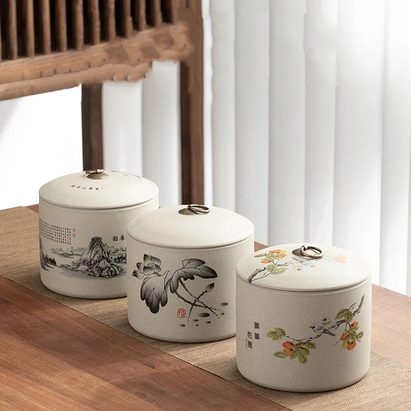 Chinese Coarse Pottery Tea Caddy Tea Set Wooden Box Green Tea Household Goods Storage JarStorage Moisture-Proof Pot Jar Tea Ware