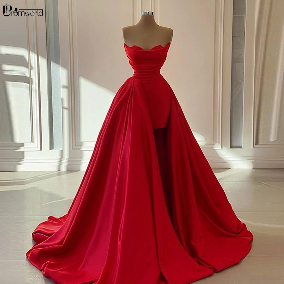 Vestidos De Noche largos rojos para mujer, vestido Formal De satén con cola desmontable, escote corazón, para Fiesta De graduación, novedad De 2023