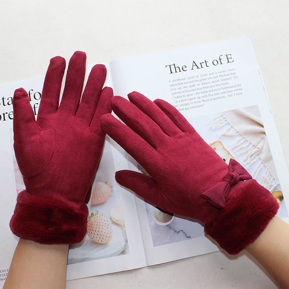 Winter warm gloves ladies touch screen color fashion bow thickened outdoor windproof and cold-proof suede gloves