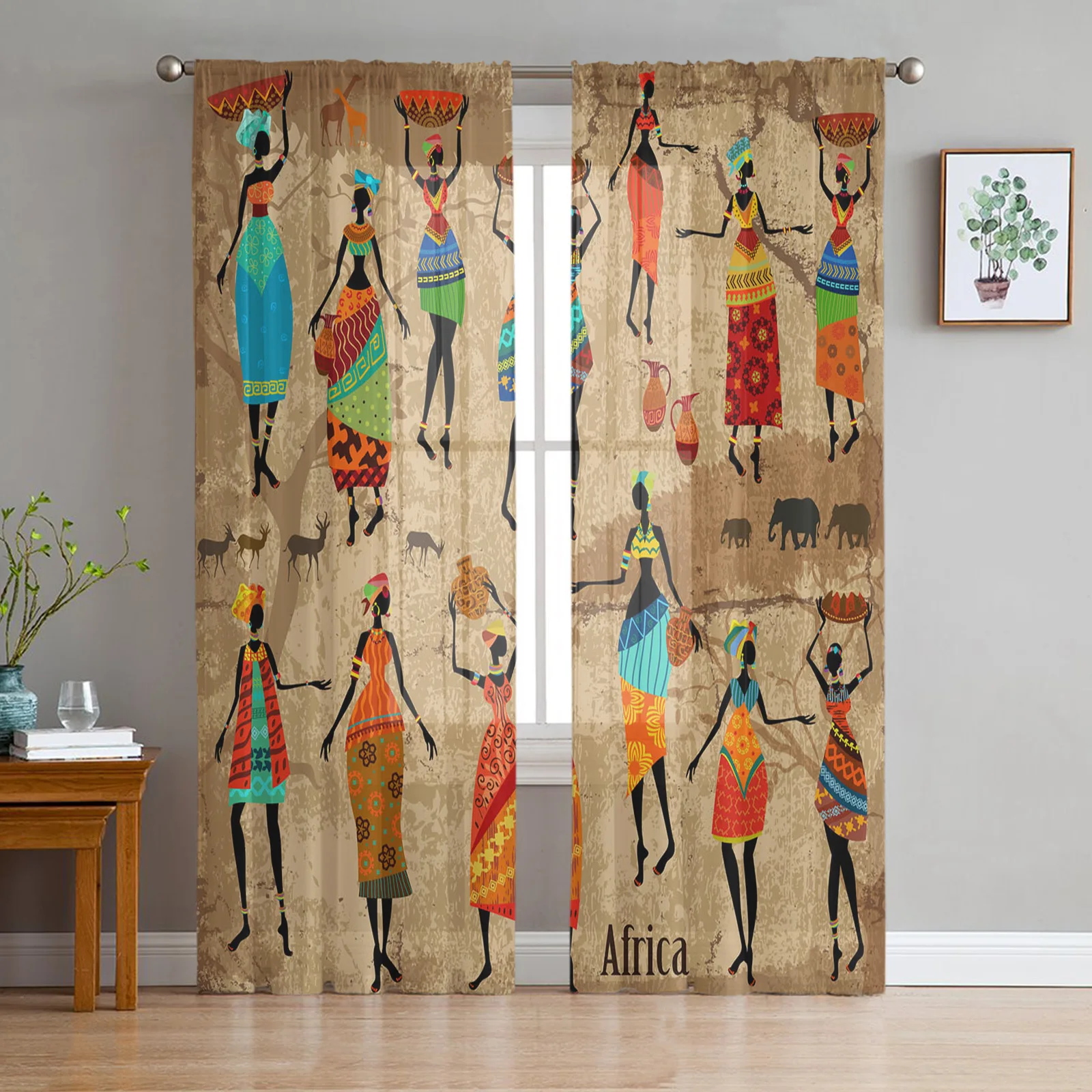 African Woman Dance Culture Vase Modern Tulle Curtains for Living Room Bedroom Home Kitchen Window Sheer Curtains