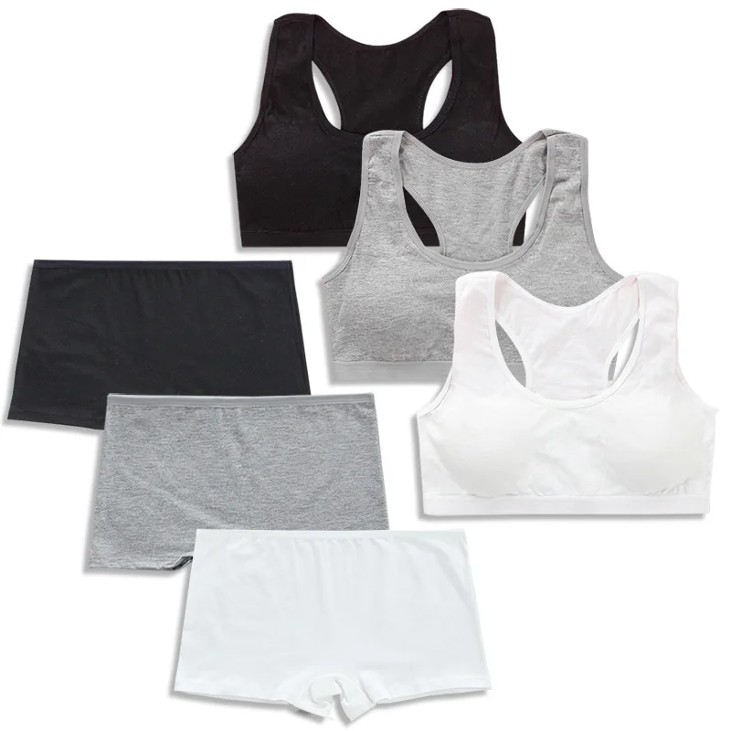 

2Pcs/set Adolescent Girls Bra Set Cotton Solid Color Boxer Pants Vest Set 10-18Y Sports Bra Set Teen Underwear