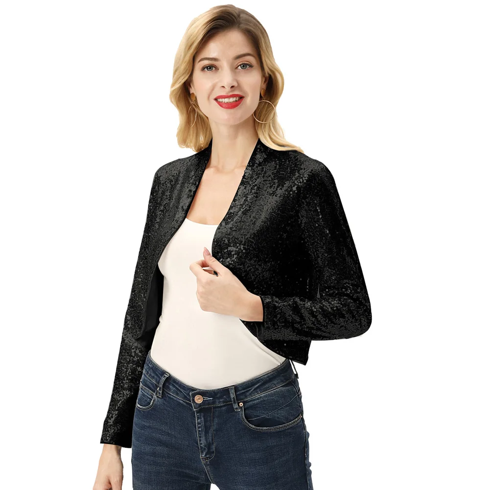 Women\'s Sequined Bolero Slim Shrug And Coats Spring Fall Tops Clothes Fashion Long Sleeve Open Front Sparking Sequins Jacket