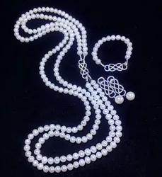 2 Strands Freshwater White Pearl CZ Connector Necklace/Bracelet /Stud Earrings