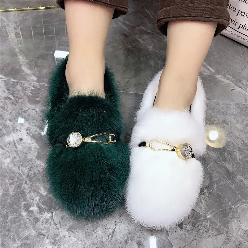 2024 New Mink Fur Women Flats Thick Sole Creepers Crystal Moccasins Winter Warm Fur Shoes Woman Espadrilles Zapatos Mujer