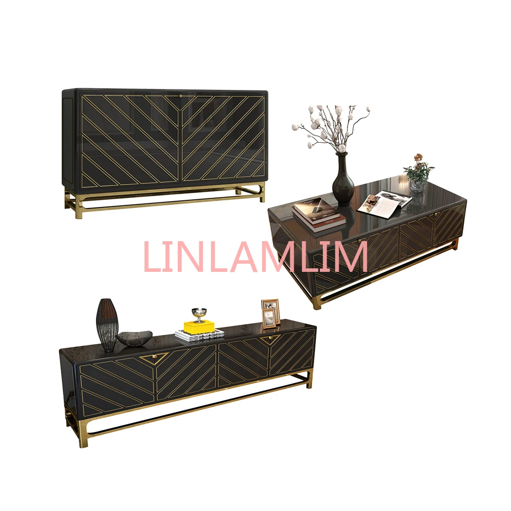 

TV Stand Living Room monitor stand mueble stalinite stainless steel designer tv table + Coffee centro Table +dining side cabinet