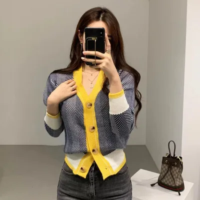 V-neck Single-breasted Korean Cardigan Sweater Women 2024 Autumn Winter Color-blocked Long Sleeve Fashion Elegant Ladies Tops