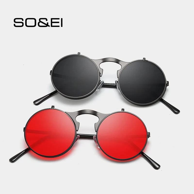 SO&EI Fashion Round Flip Separable Lens Steampunk Sunglasses Women Vintage Metal Frame Outdoor Goggles Men Sun Glasses Shade