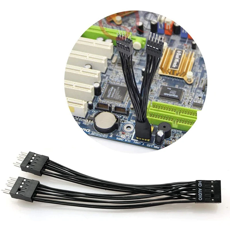 Cabo de extensão de áudio HD, 9Pin, 1 fêmea para 2 macho, Y Splitter, preto para PC, DIY, 10cm, 2 Pack