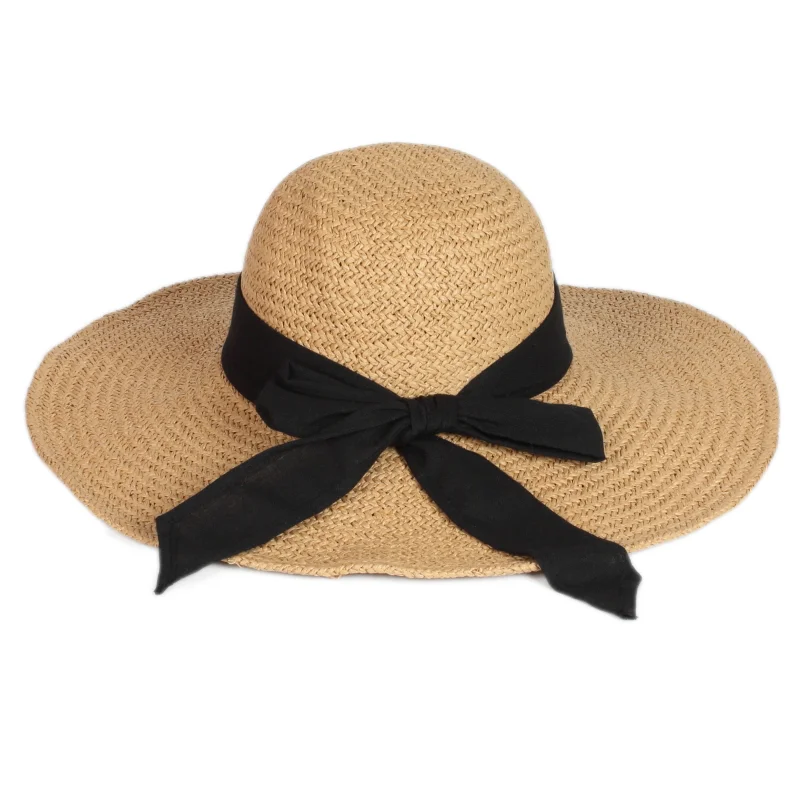 Wholesale Summer Fashion Lady Women Large Brim Straw Panama Hat Floppy Folding Bowknot Elegant Beach Cap