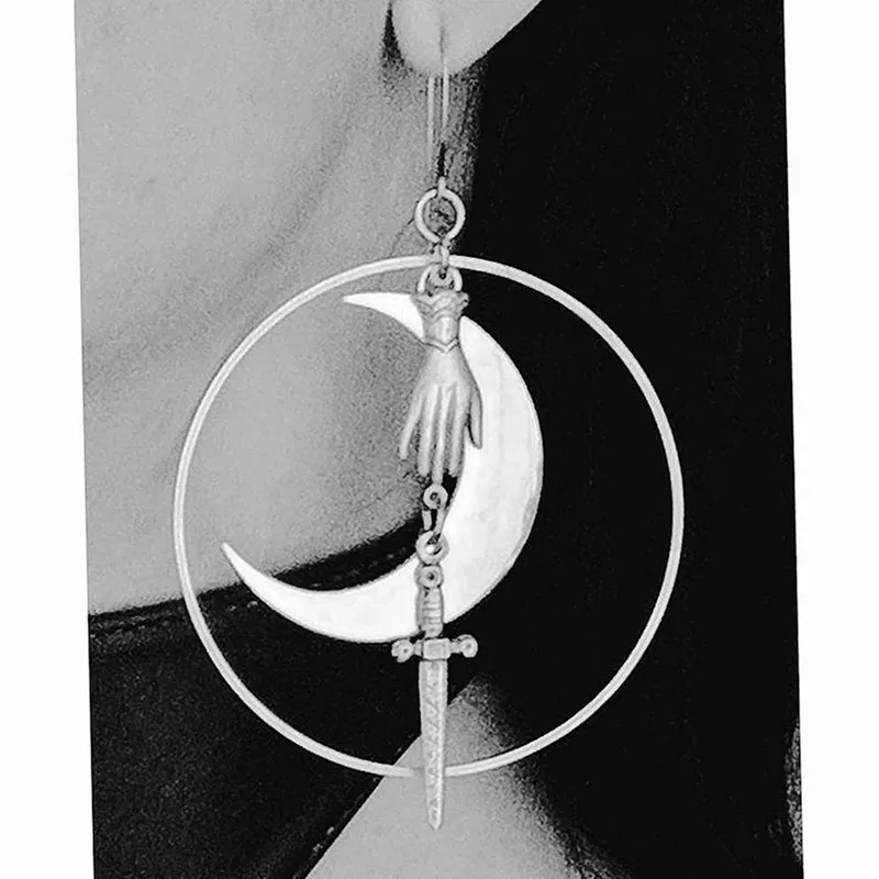 Hecate-Moon-Sword-Hoop Earrings-Goth-Gothic-Hoops-Crescent Moon-Witchy-Goddess-Spooky-Dagger-Dramatic-Big Hoops