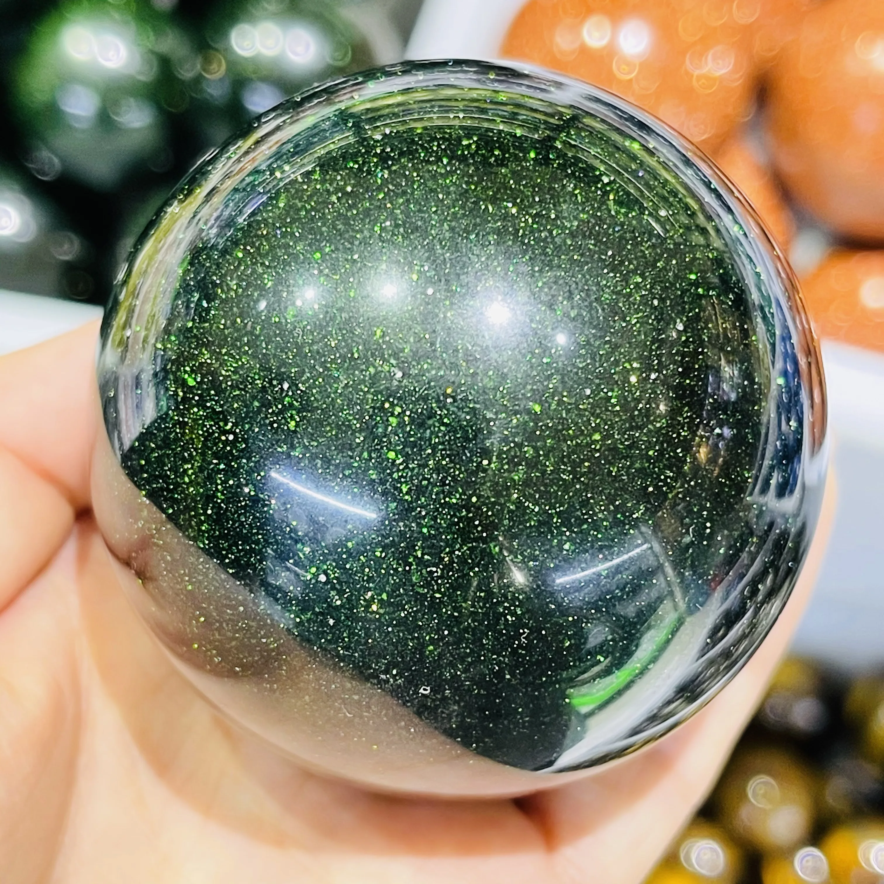 

Natural Green Sand Goldstone Sand Sphere Globe Ball Chakra Reiki Healing Crafts Home Decoration