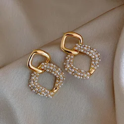 Trendy Crystal Geometric Dangle Earrings For Women Water Drop Imitation Pearl Round Tassel Earring Girl Party Engagement Jewelry