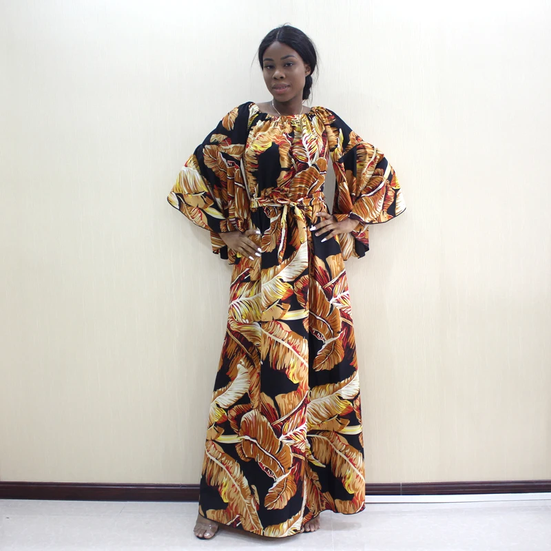

New Arrival Fashion Off Shoulder Butterfly Sleeves Beach Style African Palm leaf Printing Dashiki Women Dress