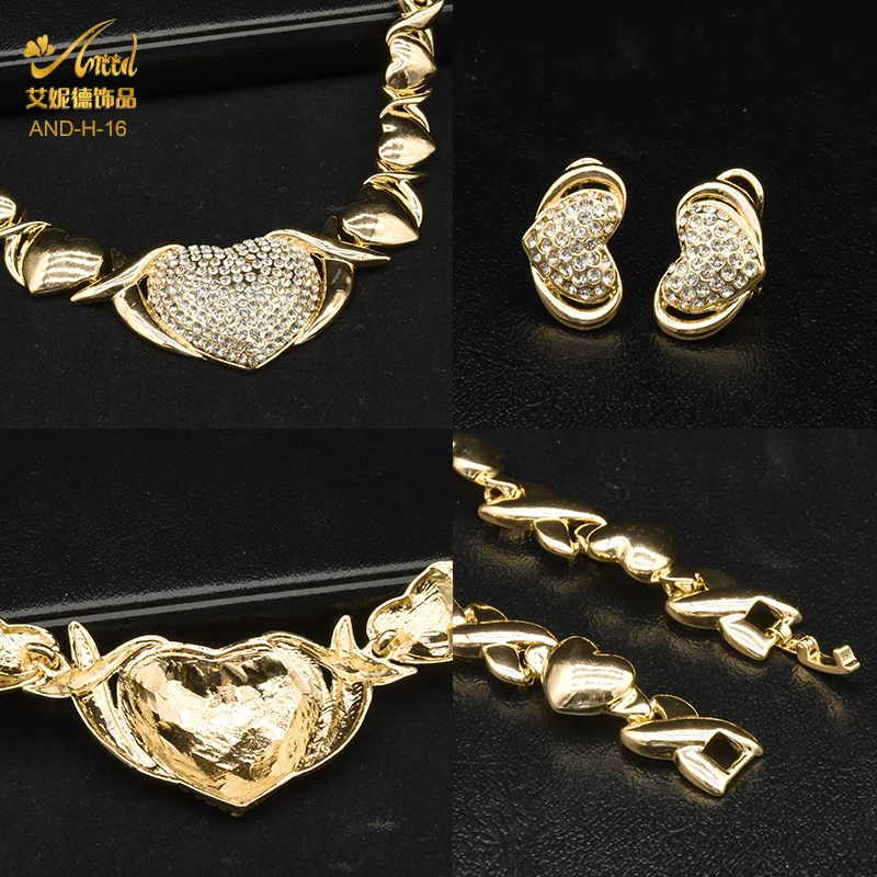 ANIID Dubai Gold Color Jewelry Necklace Set Wedding Bride Women Nigerian XOXO Heart Crystal Bracelets And Earrings Ring