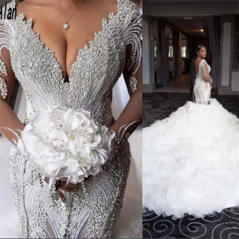 

South African Mermaid Wedding Dress Plus Size Open Back Beading Crystals Trumpet Ruffles Court Train Bridal Gowns Elegant