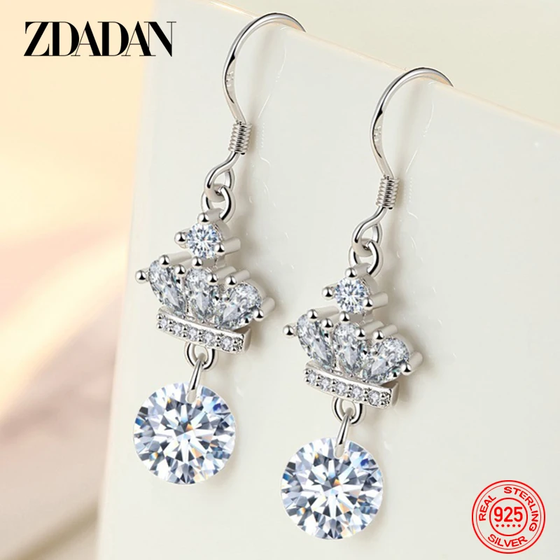 

ZDADAN 925 Sterling Silver Crown Zircon Hanging Dangle Earrings For Women Fashion Wedding Jewelry Gifts