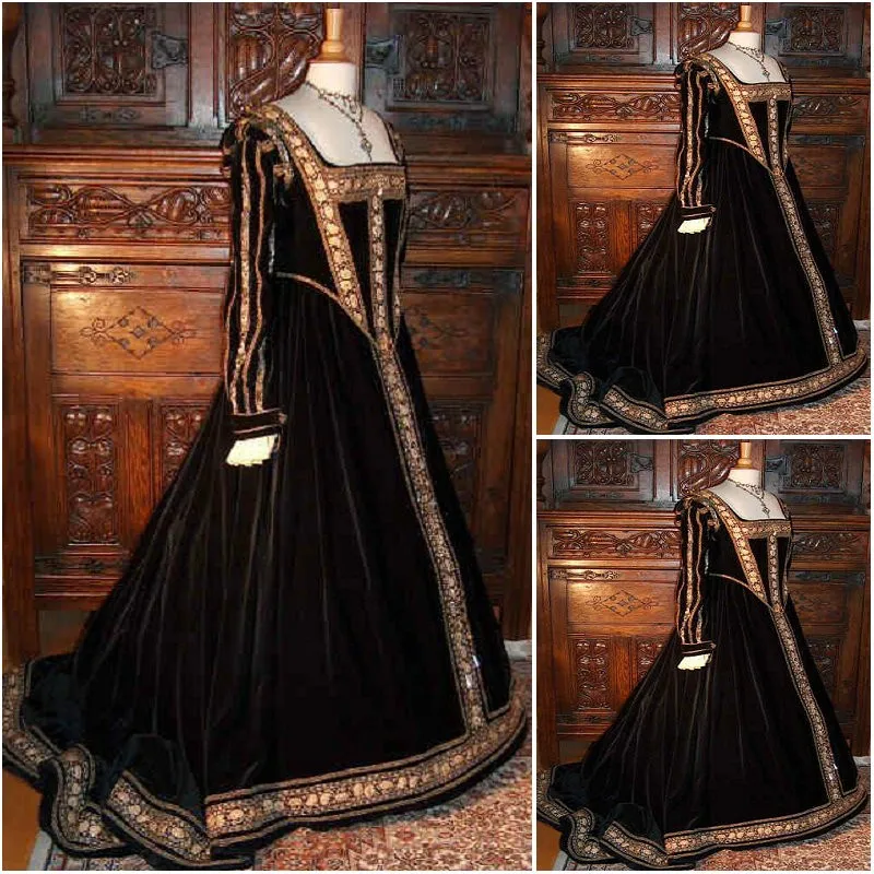 Victorian Gothic Civil War Southern Evening Dresses Black Gold applique Long Sleeve Velvet Halloween Theater Edwardian Prom Gown