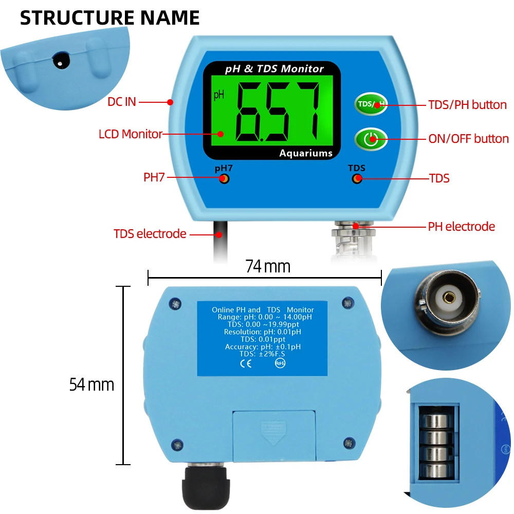 2 in 1 Multi-parameter Water ph Monitor Water Quality test TDS tester Acidometer for Aquarium 30%off