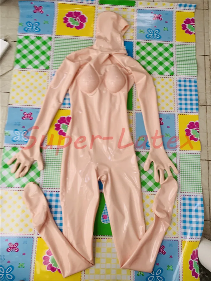 SKIN latex catsuit open face fixed C Cup silicone breast handmade gloves kig