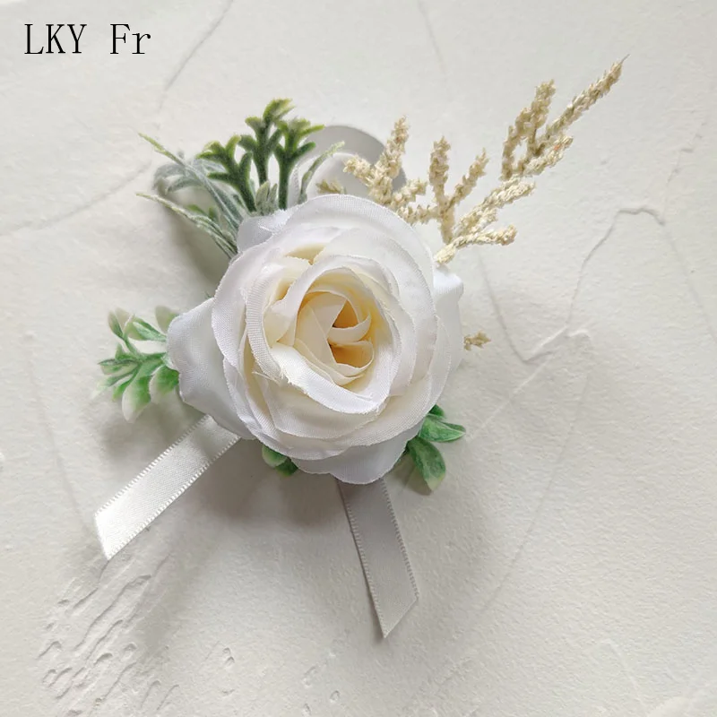 LKY Fr Boutonniere ดอกไม้งานแต่งงานสร้อยข้อมือ Corsage ข้อมือ Ivory Silk Rose เจ้าบ่าว Buttonhole เจ้าสาวแต่งงานเจ้าสาวอุปกรณ์เสริม