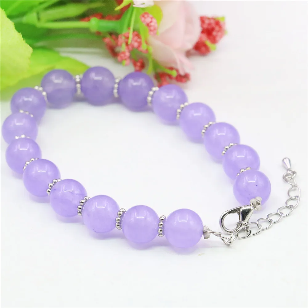 10mm Amethysts Stone Bracelet Round Natural Purple Jades Jewelry Making Design Alloy Flower Septal Beads Girls Gifts Accessory