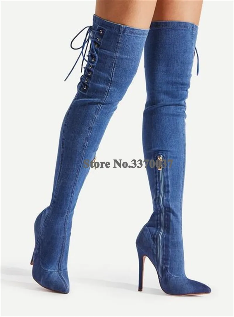 Newest Sexy Women Pointed Toe Over Knee Stiletto Heel Denim Gladiator Boots Side Lace-up Slim Style Long HIgh Heel Boots Heels