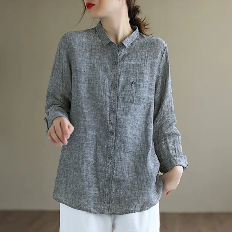 Women Cotton Linen Casual Shirt New Arrival 2021 Autumn Vintage Style Solid Color Loose Ladies Long Sleeve Elegant Tops B1139