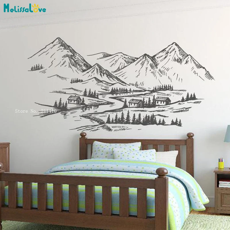 Quiet Mountain Village Landscape Wall Sticker For Kids Room Nursery Decor With Sun Animals Decals Removable YT5631