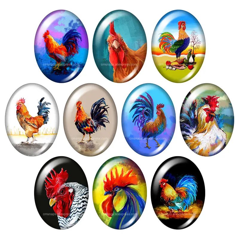 

Colorful Painting style cock rooster Oval 10pcs 13x18mm/18x25mm/30x40mm photo glass cabochon demo flat back Jewelry findings